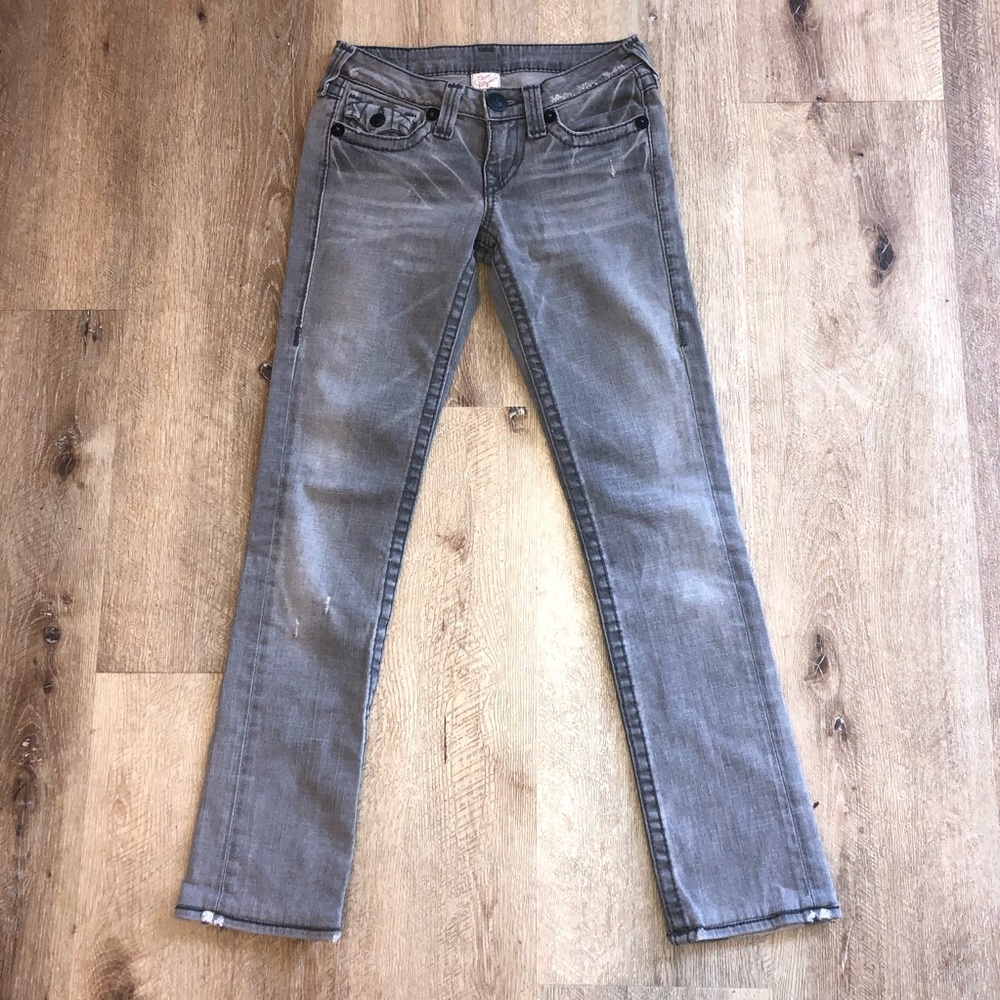 True Religion Gray Low Rise Distressed Jeans